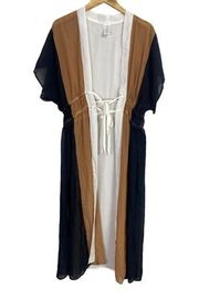 NWT Boho Sheer Maxi Dress Kimono Style Swim Coverup Tie Front L Black Tan #2458