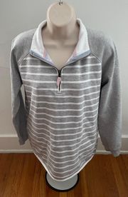 Striped Gray 1/4 Zip Logo Pockets Pullover Sweatshirt, size M