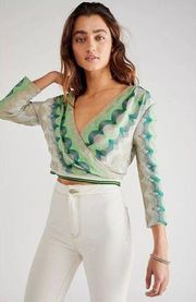 Anna Sui X Free People Wave Rider Knit Wrap Top Green Linen Blend