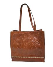 PATRICIA NASH Toscano Florence Wax Tooled Tote Bag Embossed Italian Leather Tan