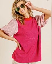 Boutique NWT BIBI Crystal Rhinestone Women’s Pink Puff Sleeve Top Size Medium Color Block