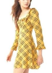 Urban Outfitters Womens  Womens Yellow Plaid Dark Academia Ruffle Neck Dress Sz M