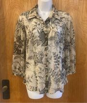 Sheer Floral Black & Cream Van Heusen Button Down Shirt Size Medium