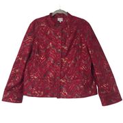 ELLEN & CO COLLARLESS BUTTON UP BLAZER LINED RED JACKET METALLIC SHIMMER CHEVRON