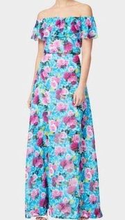 Betsey Johnson Off-The-Shoulder Floral Maxi Dress Malibu Blue