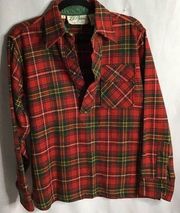 LL Bean Pullover Wool Nylon Heavy Flannel Plaid 1/4 Button USA Med Vintage Warm