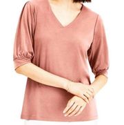 JM Collection Puff Sleeves Tee Shirt Top V-Neck Stretchy Pink Sunstone Small