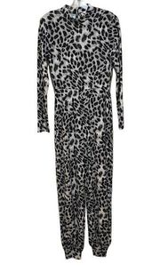 Main Strip Leopard Print Long Sleeve Jumpsuit Grey Size Medium
