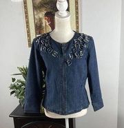 Ruby Rd Blazer Womens 8 Zipper Front Blue 3/4 Sleeve Embellished Denim Fabric