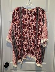 Kori America Pink Boho Floral Print Open Front Kimono size M