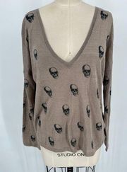 Skull Cashmere Lightweight V-Neck Sweater Sz M Brown Linen