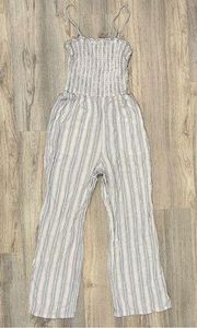 White Blue Stripes Stretch Cami Jumpsuit Linen Cotton Size S