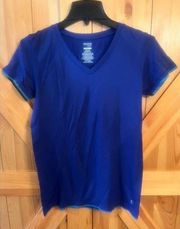 Danskin Now Fitted Athletic Shirt Womens Large L Blue Pullover V Neck Top