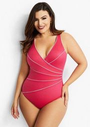 Miraclesuit Womens Size US 14 Draped One-Piece Swimsuit 6501751 Red White Piping