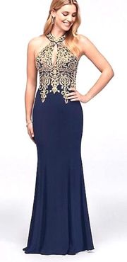 Navy Blue And Gold Prom Dress