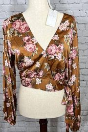 Floral Surplice V-Neck Long Blouson Sleeve Wrap Top - WAYF Women's Small NWT