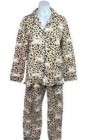 Pj Salvage Tan Cotton Leopard Coffee Cups Flannel Long Sleeve Pajama Set Size S