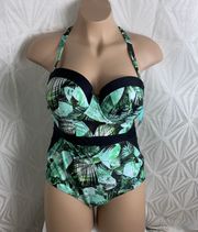 Women's Green Palm Cutout Mesh One Piece Swimsuit NWT