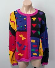 Westbound Colorful Sweater Pom Teacher Art 80s Geometric Vintage XL Unique