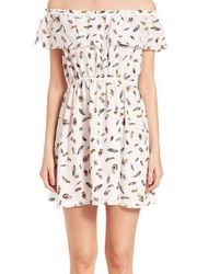 THE KOOPLES Dress Feather on Silk Off Shoulder Mini Dress 100% Silk XXS XX-Small