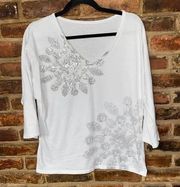 The Limited White Silver Graphic Embellished 3/4 Sleeve Perfect Tee Women's XL