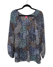 Sunny Leigh Women's Peacock V Neck Tie Front Long Sleeve Blouse Top Size XL