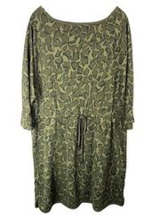 H by Halston Large Dress Green Giraffe Animal Print Shift Drawstring Knee 1453