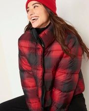 Old Navy coat  Women’s Short Puffer Buffalo Plaid Red and Black Jacket