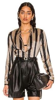 L'agence Tyler Long Sleeve Silk Blouse in Dark Champagne & Black Stripe XS/T