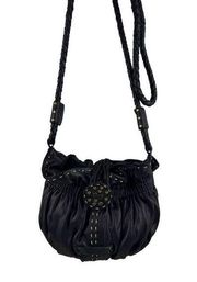 Adrianne Vittadini Leather Black Pleated Crossbody Twisted Strap Stitching Y2K