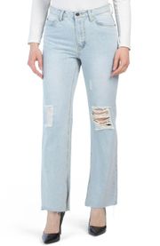 Avec Les Filles RIPPED JEANS SLIT HEM Raw Hem Wide Leg Jeans Light Wash NWT