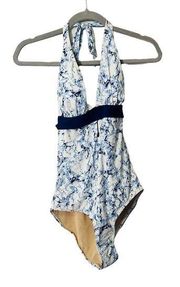 NEW Tart Swim Blue Marbled Print Halter Plunge One Piece Swimsuit Size Medium