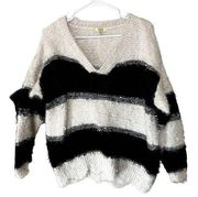 Kori America Fuzzy Sweater Black & White striped V-neck Women's sz M/L