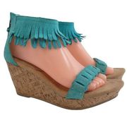 Minnetonka Aqua suede fringe Nicki wedge sandals