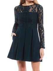 NEW XTRAORDINARY Long Sleeve Green Lace Illusion Skater Mini Dress JUNIORS XS