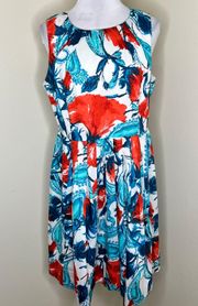 Fit & Flare Dress 14 PETITE Red White Blue Midi Pleated Floral Paisley