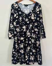 Fortune + Ivy Black White V-Neck Floral Fit N Flare Long Sleeve Mini Dress XL