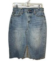 Marine Layer Celine Denim Skirt 6 Blue Medium Wash High Rise Front Slit Raw Hem