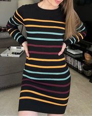 Modcloth // Black Multicolored Striped Long Sleeve Dress