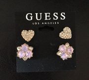 2 Pair Guess Earrings Pave Hearts & Multi Stone