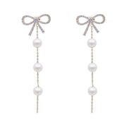 Elegant Bow White Pearl Dangle Drop Earrings for Women