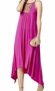 "INC" MAGENTA FLAME BEADED BIB SWING BOHO ASYMMETRICAL MAXI DRESS SIZE: S NWT