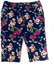 Lands' End Cotton Blend Navy Floral Mid Rise Straight Leg Capri Pants