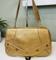 Gold Leather Studded Flap Shoulder Bag