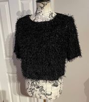 NWT Textured Fringe Shiny Fuzzy Teddy Crop Top Zip full back short sleeve crew Blouse Rave Designer Luxury