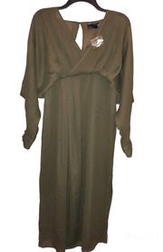 Design Long Sleeve V Neck Faux Wrap MIDI Dress Olive Green 4