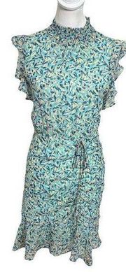 Sam Edelman Mini Floral Dress Ruched Ruffled Hem Aqua Blue Women’s Size 12 New