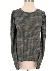 Good Luck Gem Camouflage Puff Sleeve Waffle Knit Top Green Gray Size Medium NWT