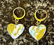 NEW White, Blue, & Gold Leaf Marbled Resin & Polymer Clay Heart Dangle Earrings