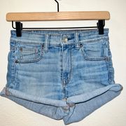 American Eagle AE Light Wash Denim Super Super Stretch Hi Rise Shortie Shorts